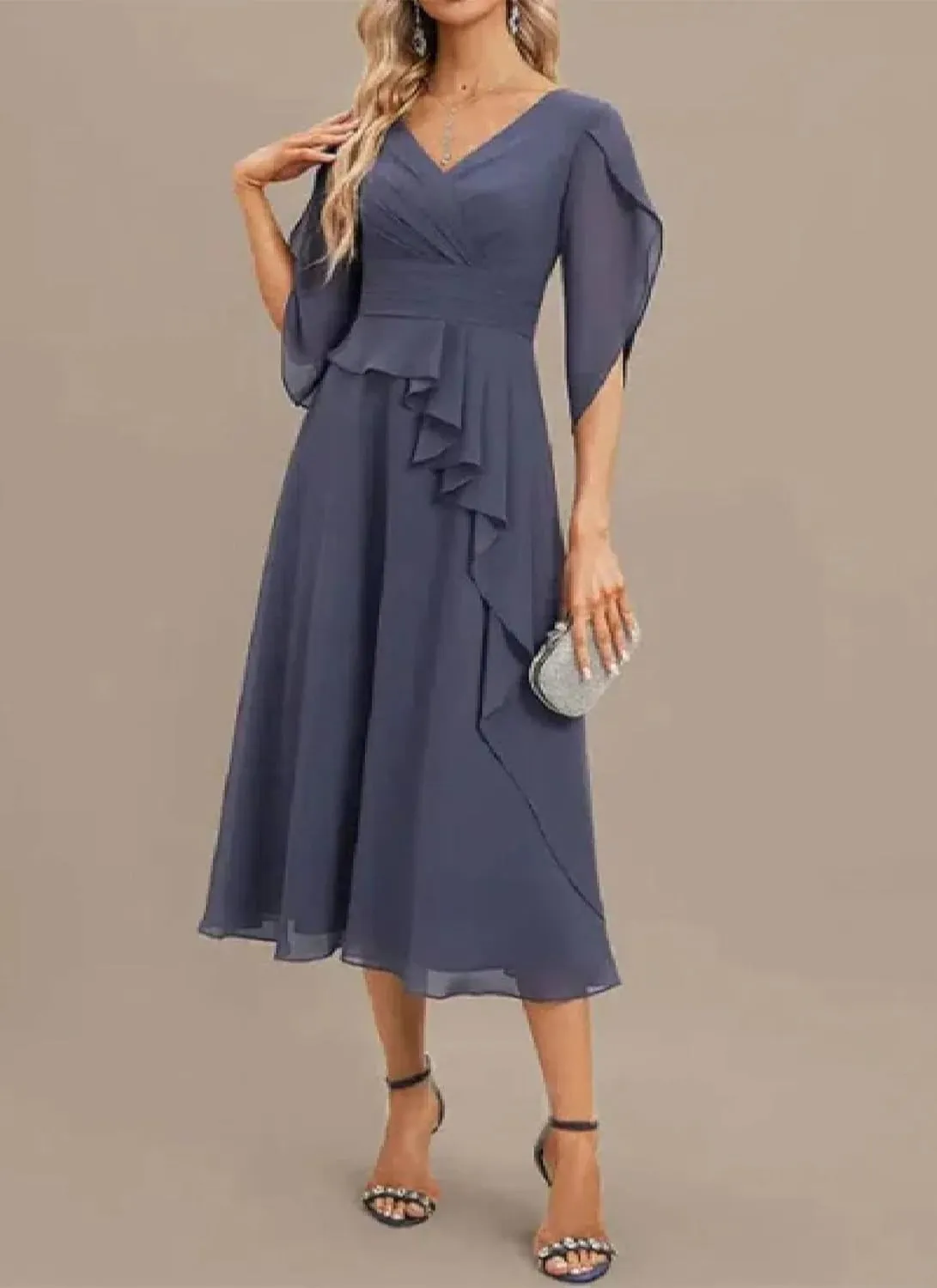 Women's 2025 Summer Deep V-Neck Short Sleeve Midi Dresses Waist Cinching Plain Ruffled A Line Slim Fit Cocktail Dress