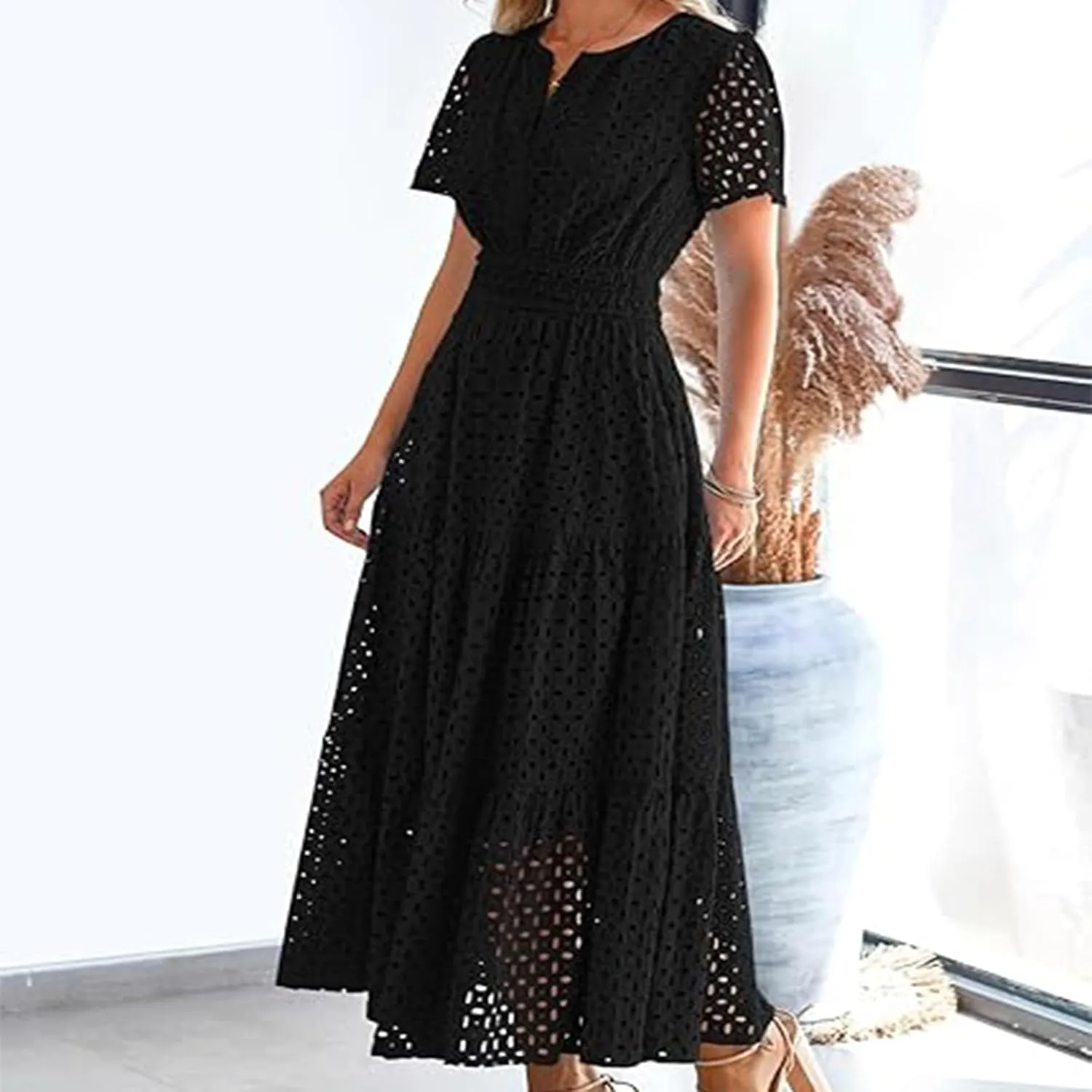 Women's 2025 Summer Short Sleeve Maxi Dress Casual V Neck Hollow Out Eyelet High Waist Ruffle Swing A Line Flowy Long Dresses(White,S)