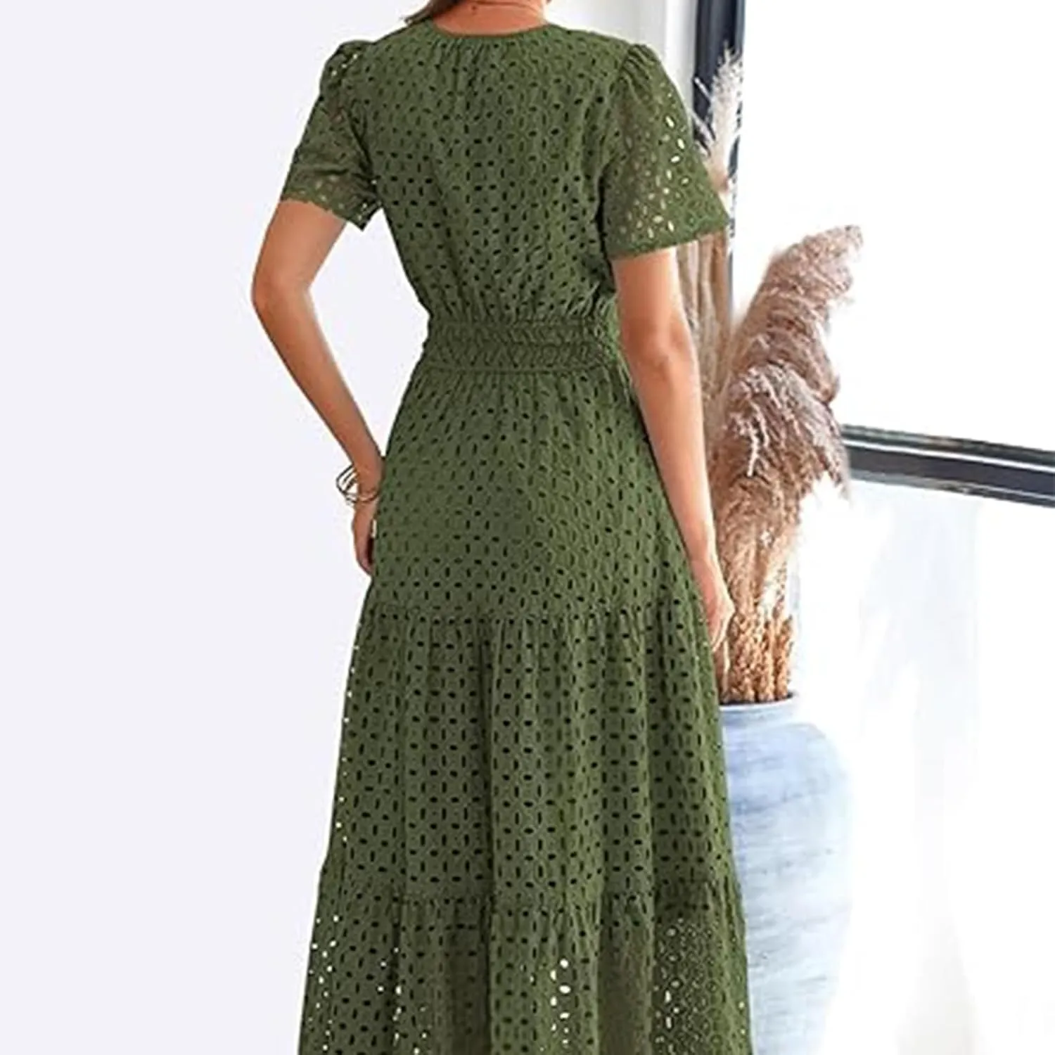 Women's 2025 Summer Short Sleeve Maxi Dress Casual V Neck Hollow Out Eyelet High Waist Ruffle Swing A Line Flowy Long Dresses(White,S)