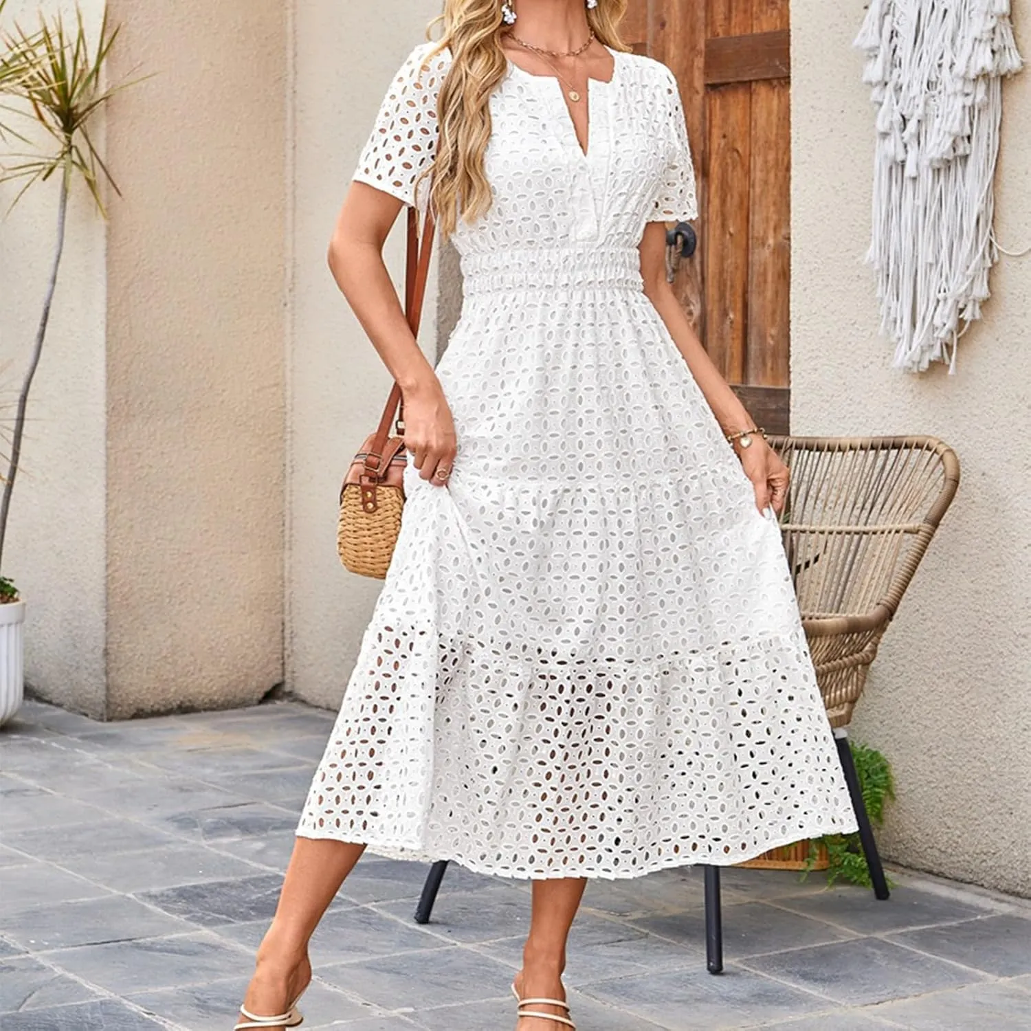 Women's 2025 Summer Short Sleeve Maxi Dress Casual V Neck Hollow Out Eyelet High Waist Ruffle Swing A Line Flowy Long Dresses(White,S)
