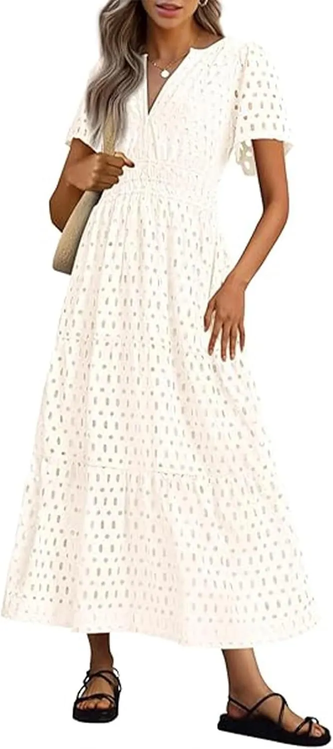 Women's 2025 Summer Short Sleeve Maxi Dress Casual V Neck Hollow Out Eyelet High Waist Ruffle Swing A Line Flowy Long Dresses(White,S)
