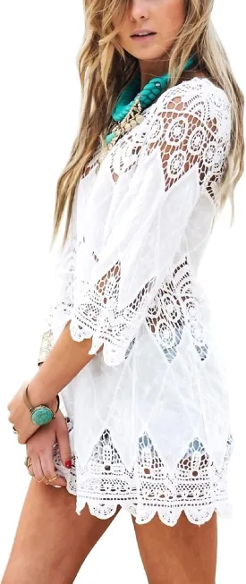 Women's Bathing Suit Cover Up Lace Crochet Tunic Bikini Beach Dress (M, White)