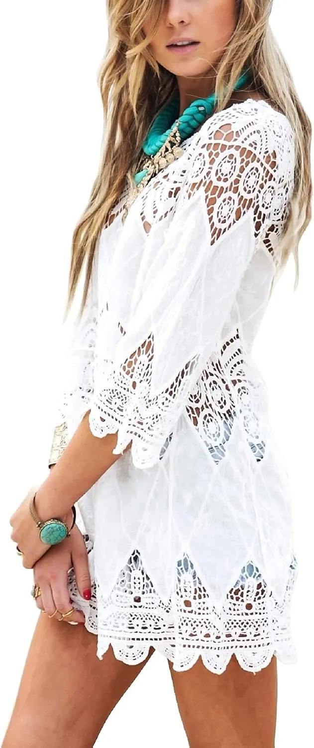 Women's Bathing Suit Cover Up Lace Crochet Tunic Bikini Beach Dress (M, White)