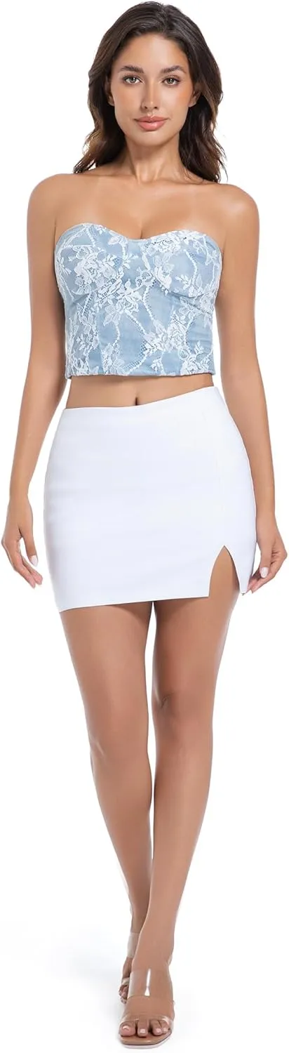 Womens Black Mini Skirt High Waist High Slit Sexy Bodycon Mini Skirt 0290