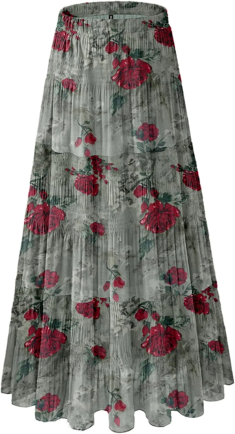Women's Chiffon White Flowy Maxi Skirts Boho Summer Elastic Waisted Pleated A Line Long Skirt for Women 2025