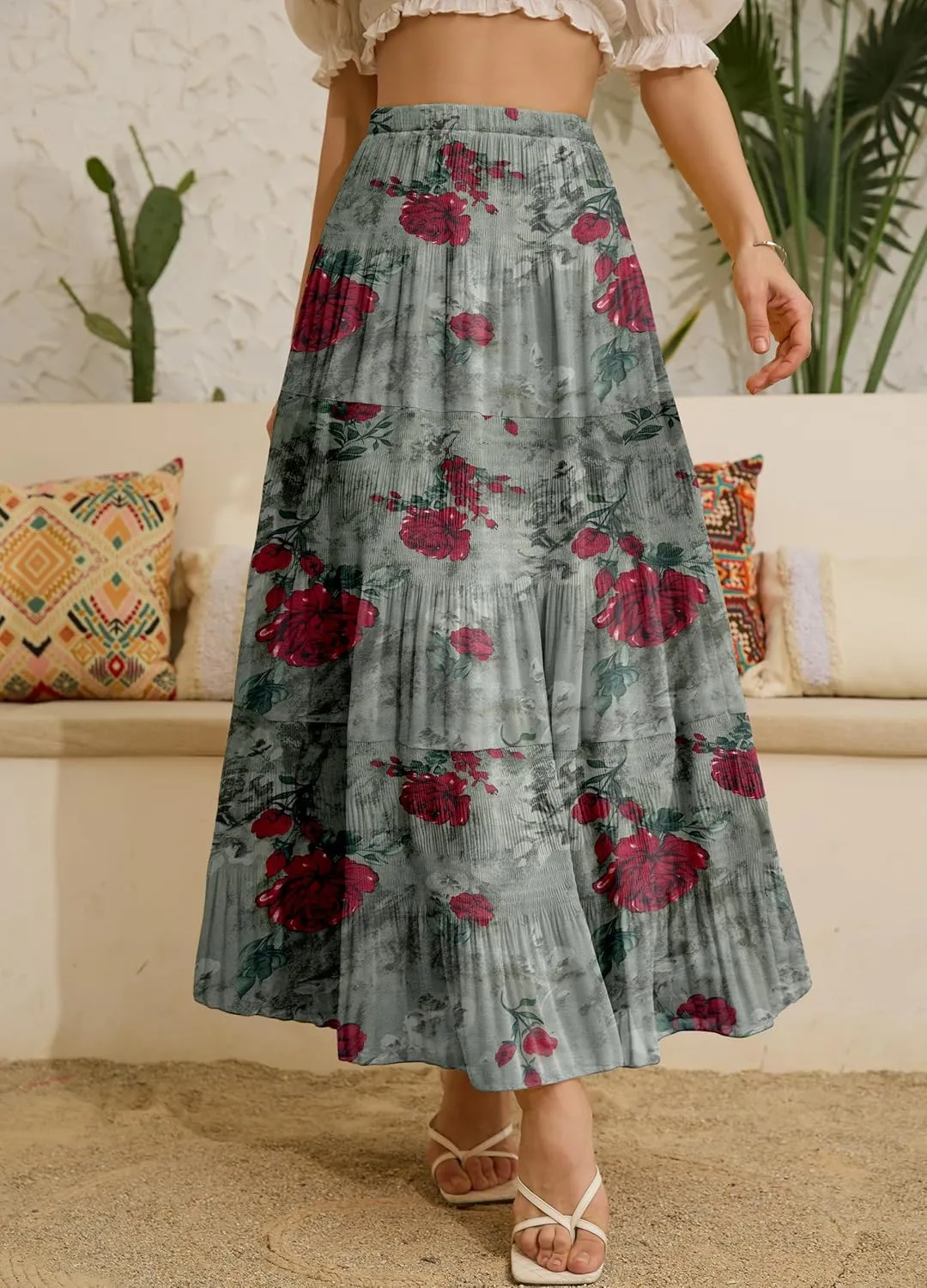 Women's Chiffon White Flowy Maxi Skirts Boho Summer Elastic Waisted Pleated A Line Long Skirt for Women 2025