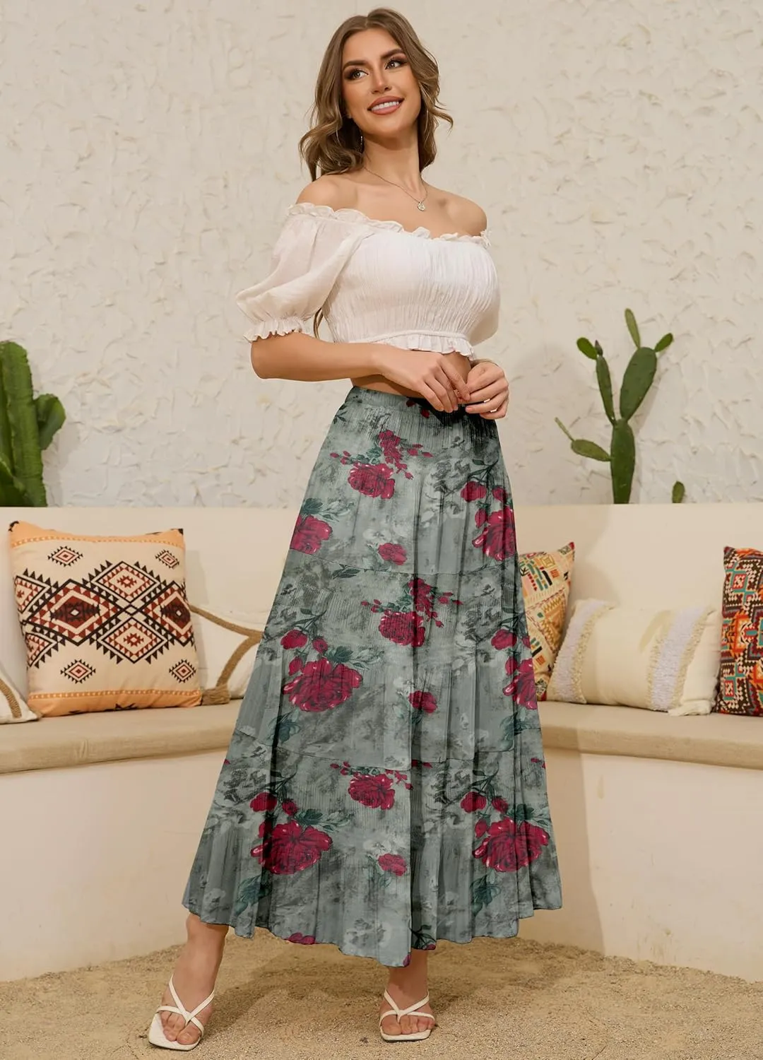 Women's Chiffon White Flowy Maxi Skirts Boho Summer Elastic Waisted Pleated A Line Long Skirt for Women 2025