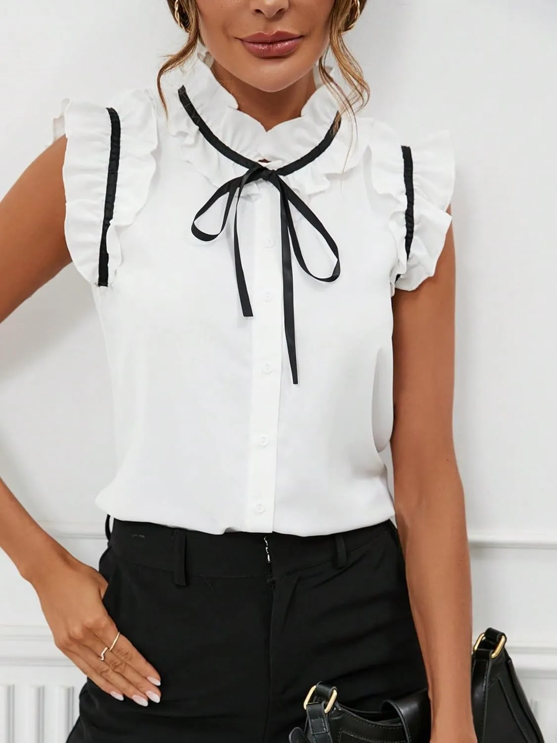 Women's Elegant Bow Front Ruffle Trim Mock Neck Flounce Cap Sleeve Button Front Regular Fit Blouse Shirt Top