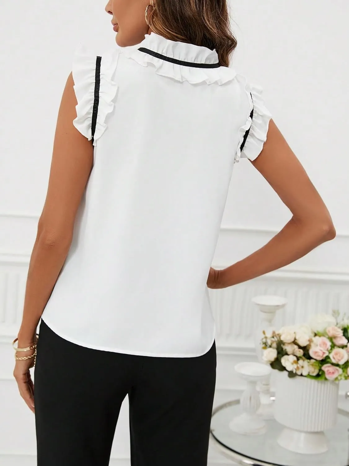Women's Elegant Bow Front Ruffle Trim Mock Neck Flounce Cap Sleeve Button Front Regular Fit Blouse Shirt Top