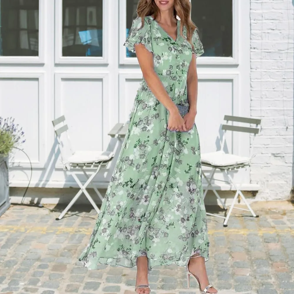 Women's Floral Maxi Dress Flowy Elegant Chiffon V Neck Flutter Short Sleeve A Line Long Dress Wedding Guest Dress