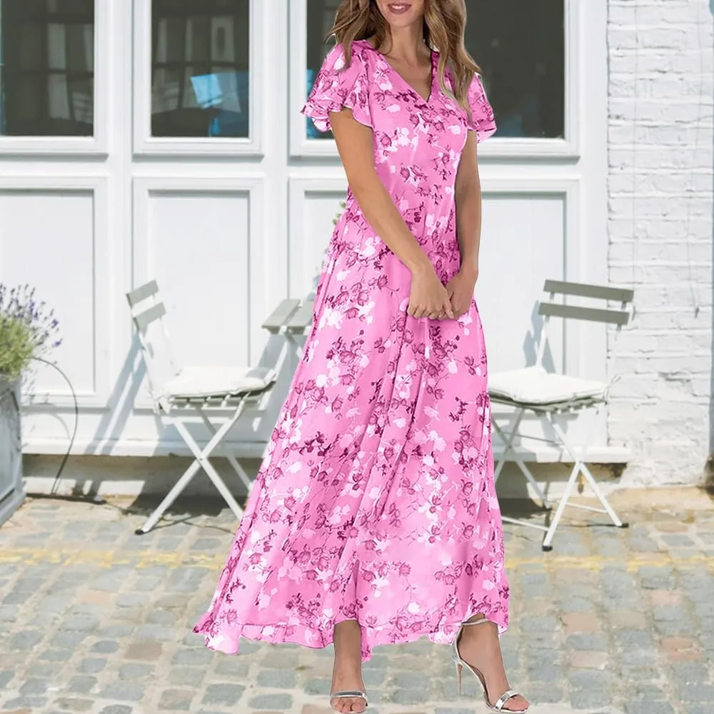 Women's Floral Maxi Dress Flowy Elegant Chiffon V Neck Flutter Short Sleeve A Line Long Dress Wedding Guest Dress