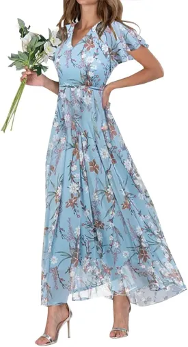Women's Floral Maxi Dress Flowy Elegant Chiffon V Neck Flutter Short Sleeve A Line Long Dress Wedding Guest Dress