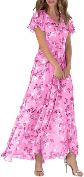 Women's Floral Maxi Dress Flowy Elegant Chiffon V Neck Flutter Short Sleeve A Line Long Dress Wedding Guest Dress