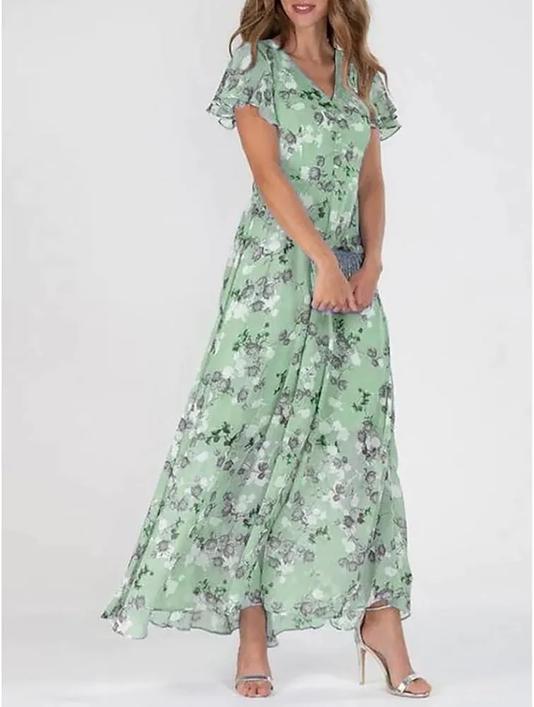 Women's Floral Maxi Dress Flowy Elegant Chiffon V Neck Flutter Short Sleeve A Line Long Dress Wedding Guest Dress