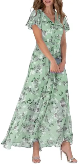 Women's Floral Maxi Dress Flowy Elegant Chiffon V Neck Flutter Short Sleeve A Line Long Dress Wedding Guest Dress