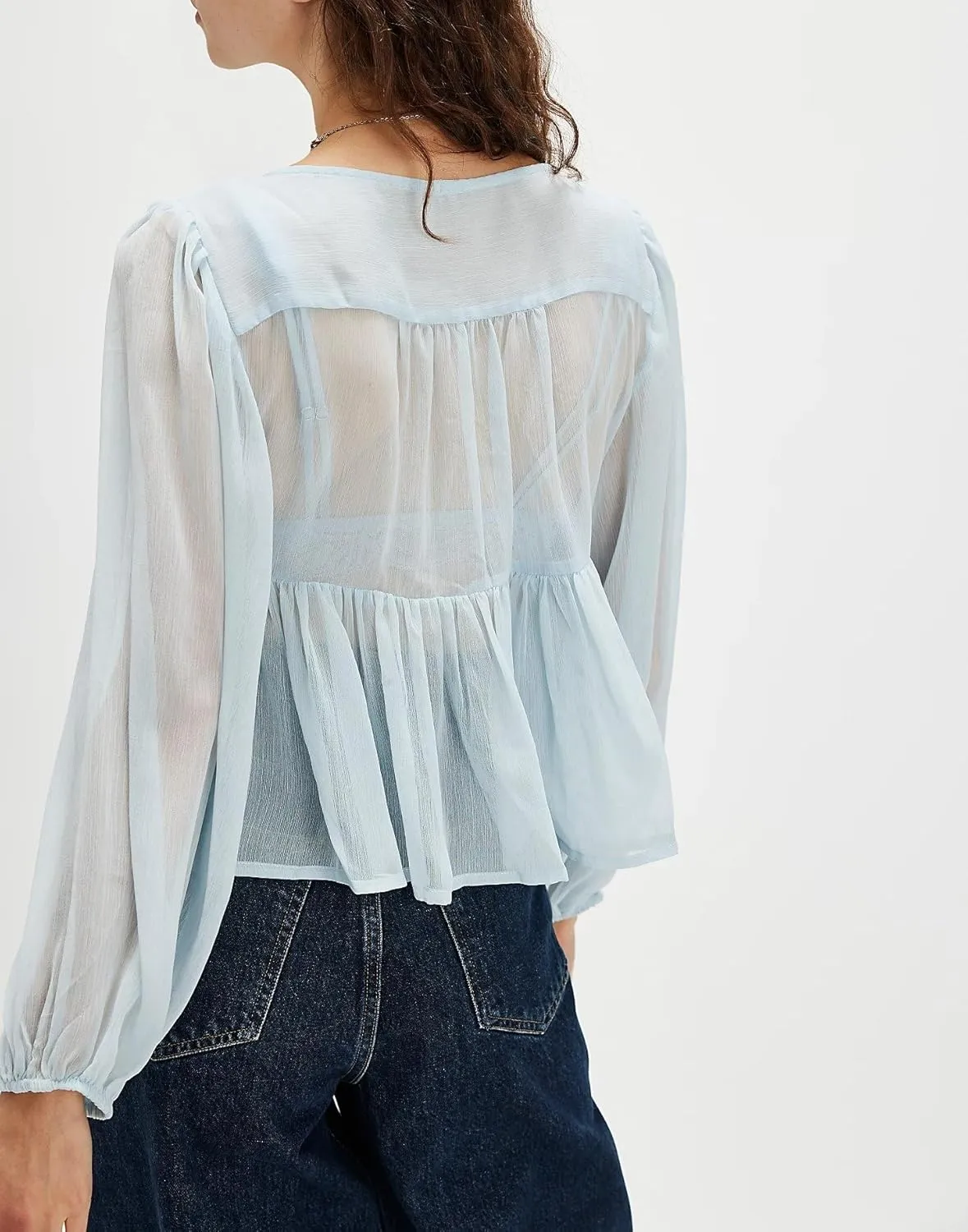 Women's Flowy Bow Front Tie Top Long Sleeve Peplum Lace Trim Chiffon Shirt Sheer V Neck Boho Ruffle Beach Blouse