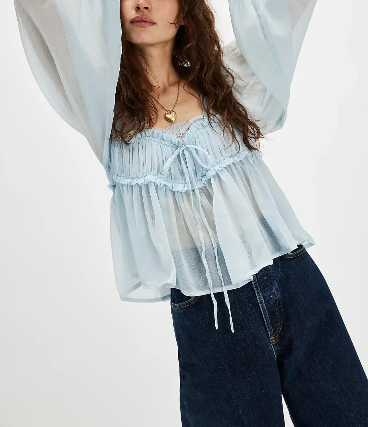 Women's Flowy Bow Front Tie Top Long Sleeve Peplum Lace Trim Chiffon Shirt Sheer V Neck Boho Ruffle Beach Blouse