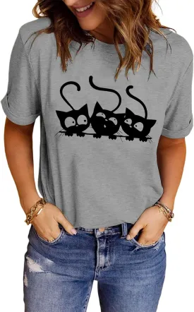 Women's Funny Cat Printed T-Shirts Short Sleeve Cute Graphic Tee Shirts Casual Tops Blouse