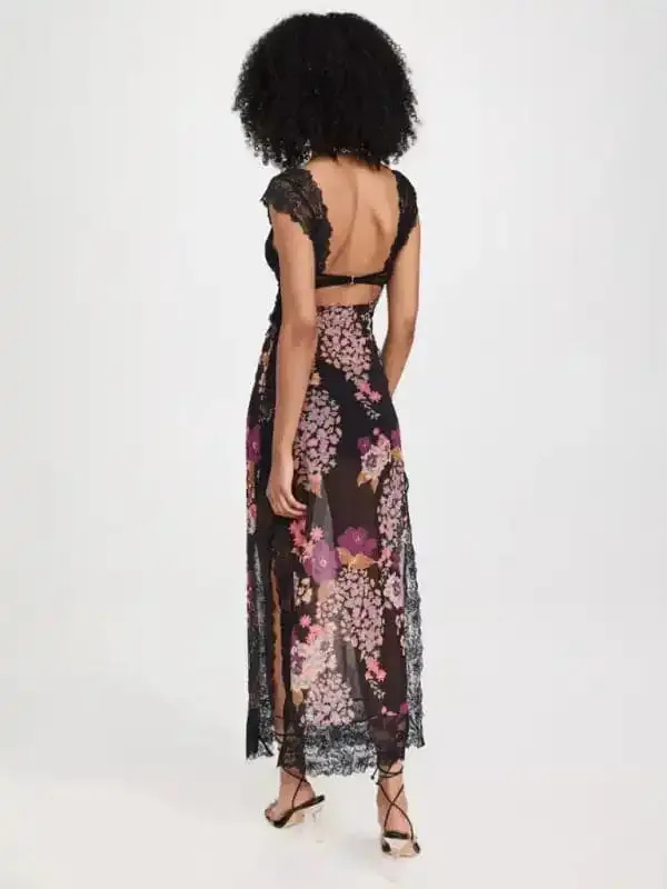 Women’s Gentle Lace Straps Spliced Slit Long Dress