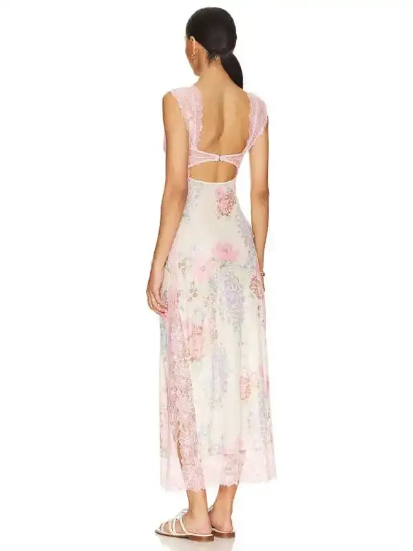 Women’s Gentle Lace Straps Spliced Slit Long Dress