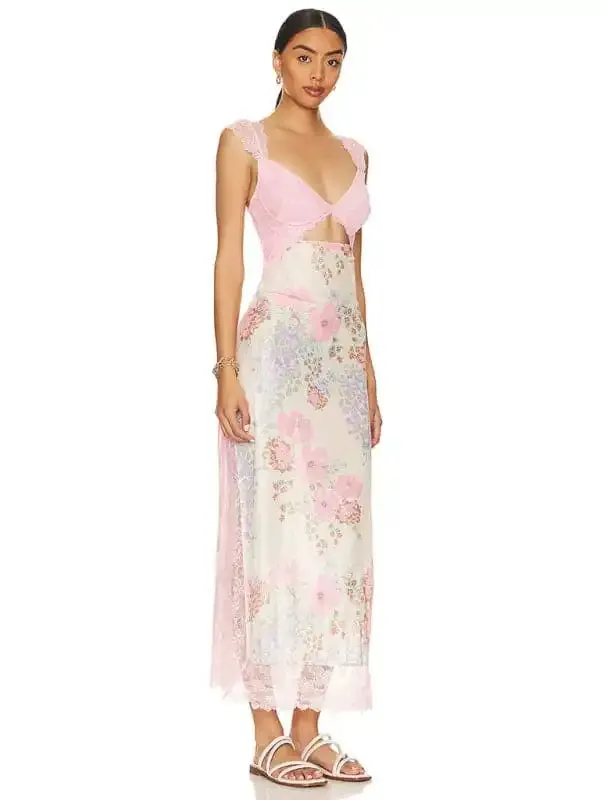 Women’s Gentle Lace Straps Spliced Slit Long Dress