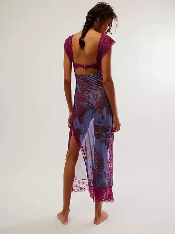 Women’s Gentle Lace Straps Spliced Slit Long Dress