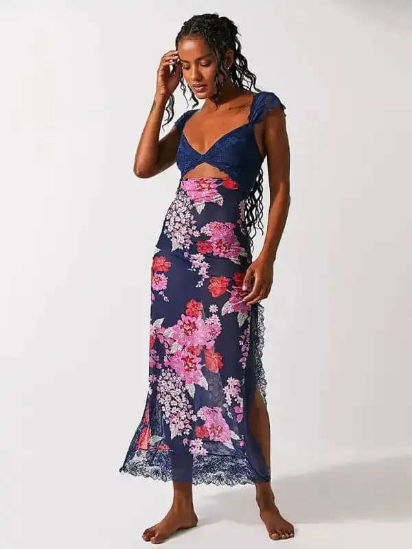 Women’s Gentle Lace Straps Spliced Slit Long Dress