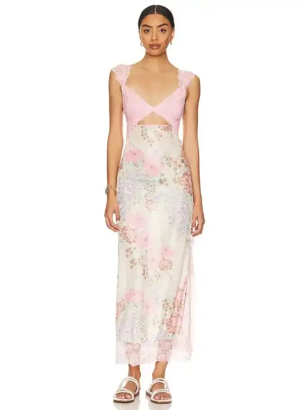 Women’s Gentle Lace Straps Spliced Slit Long Dress