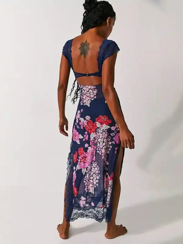 Women’s Gentle Lace Straps Spliced Slit Long Dress
