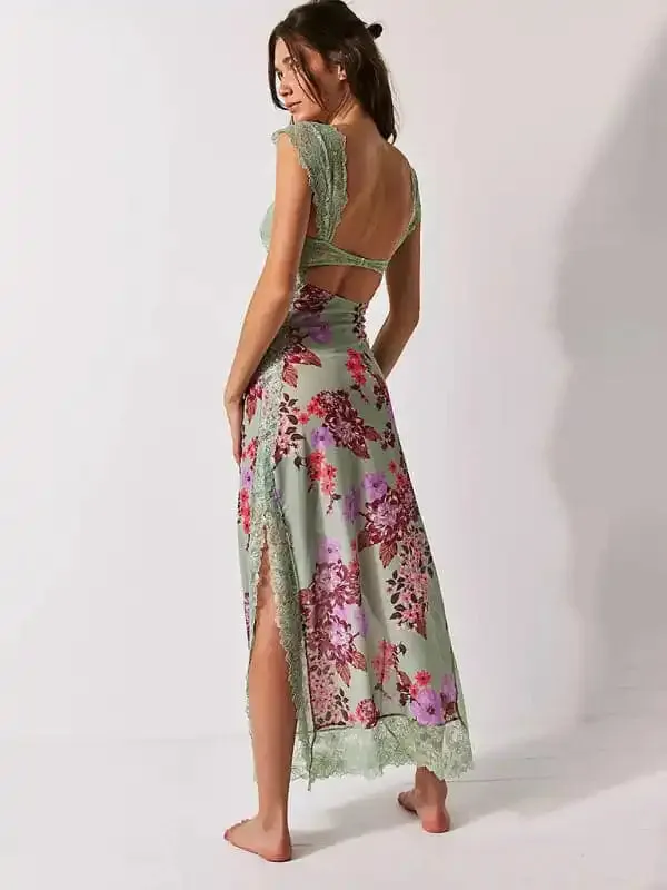 Women’s Gentle Lace Straps Spliced Slit Long Dress
