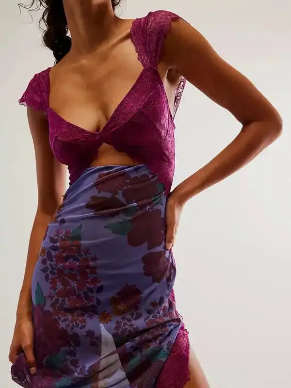 Women’s Gentle Lace Straps Spliced Slit Long Dress