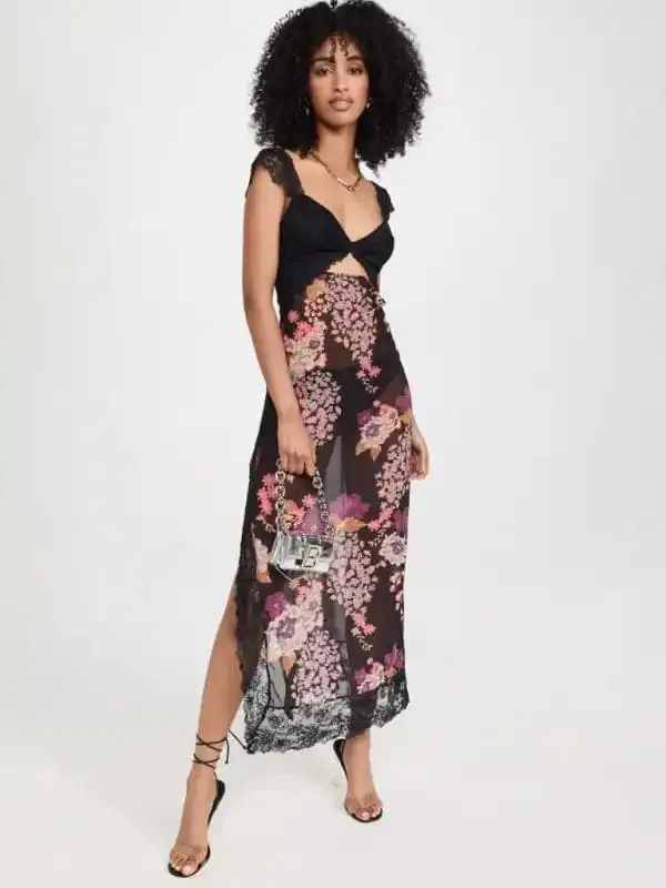 Women’s Gentle Lace Straps Spliced Slit Long Dress