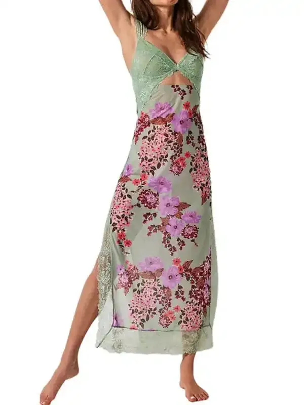 Women’s Gentle Lace Straps Spliced Slit Long Dress