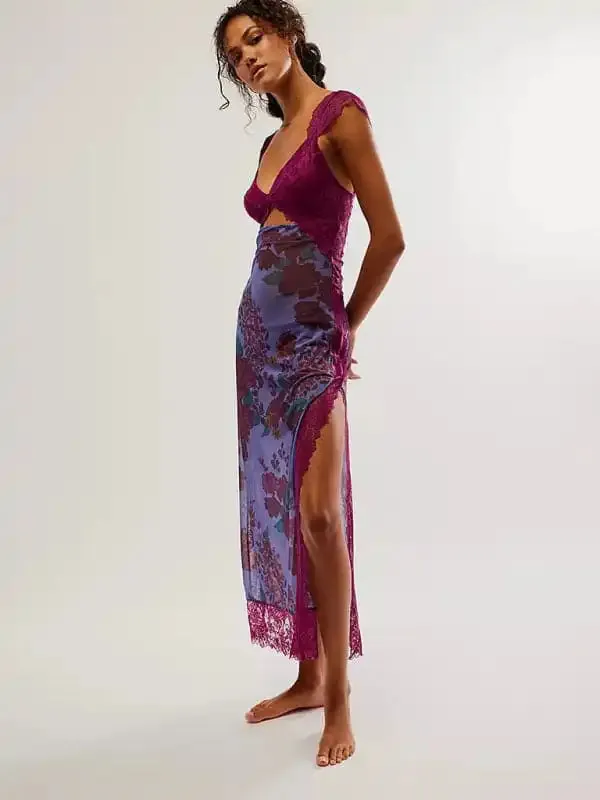 Women’s Gentle Lace Straps Spliced Slit Long Dress