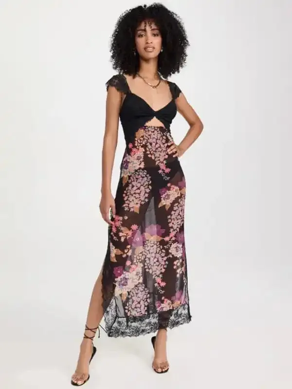 Women’s Gentle Lace Straps Spliced Slit Long Dress