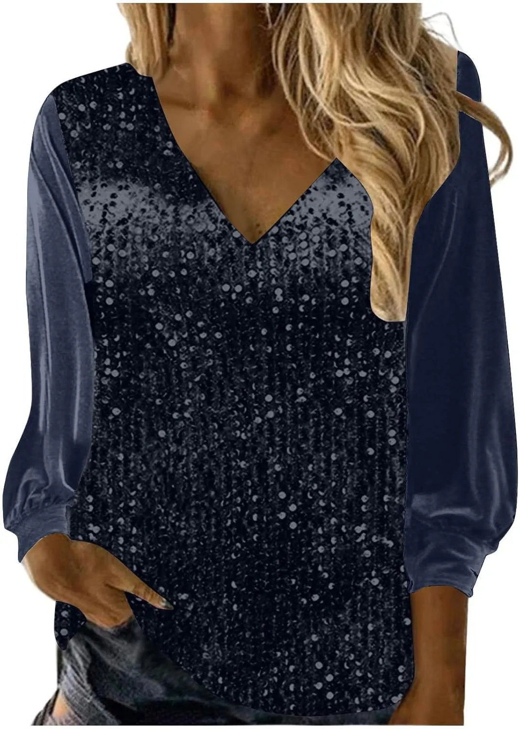 Women's Sequin Tops Sheer Long Sleeve Glitter Sparkly Party Blouse Velvet V-Neck Dressy Tops for Evening Party