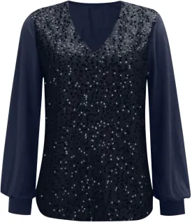 Women's Sequin Tops Sheer Long Sleeve Glitter Sparkly Party Blouse Velvet V-Neck Dressy Tops for Evening Party