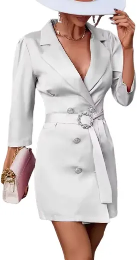 Women's Work Blazer Dresses Business Formal Lapel Collar 3/4 Sleeve Belted Double Breasted Office Blazer Dress