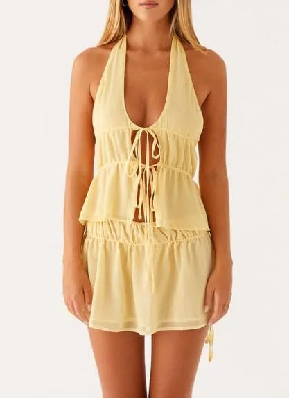 Y2k Mini Skirt Sets for Women Beach Vacation Lace Skirt and Backless Halter Tie Crop Tops Going Out 2 Piece Outfits