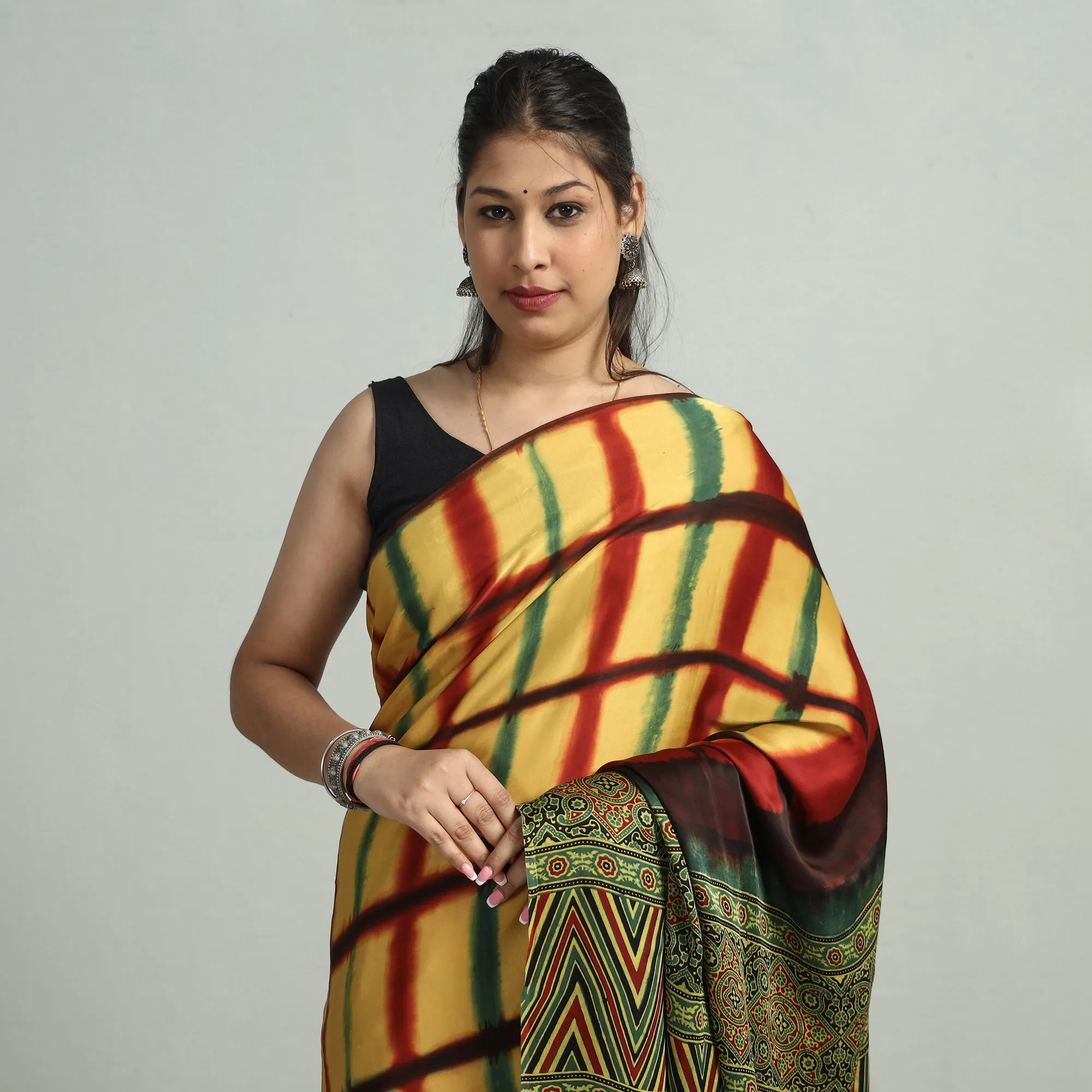 Yellow - Ajrakh Block Printed Clamp Dyed Modal Silk Saree with Tassels 20