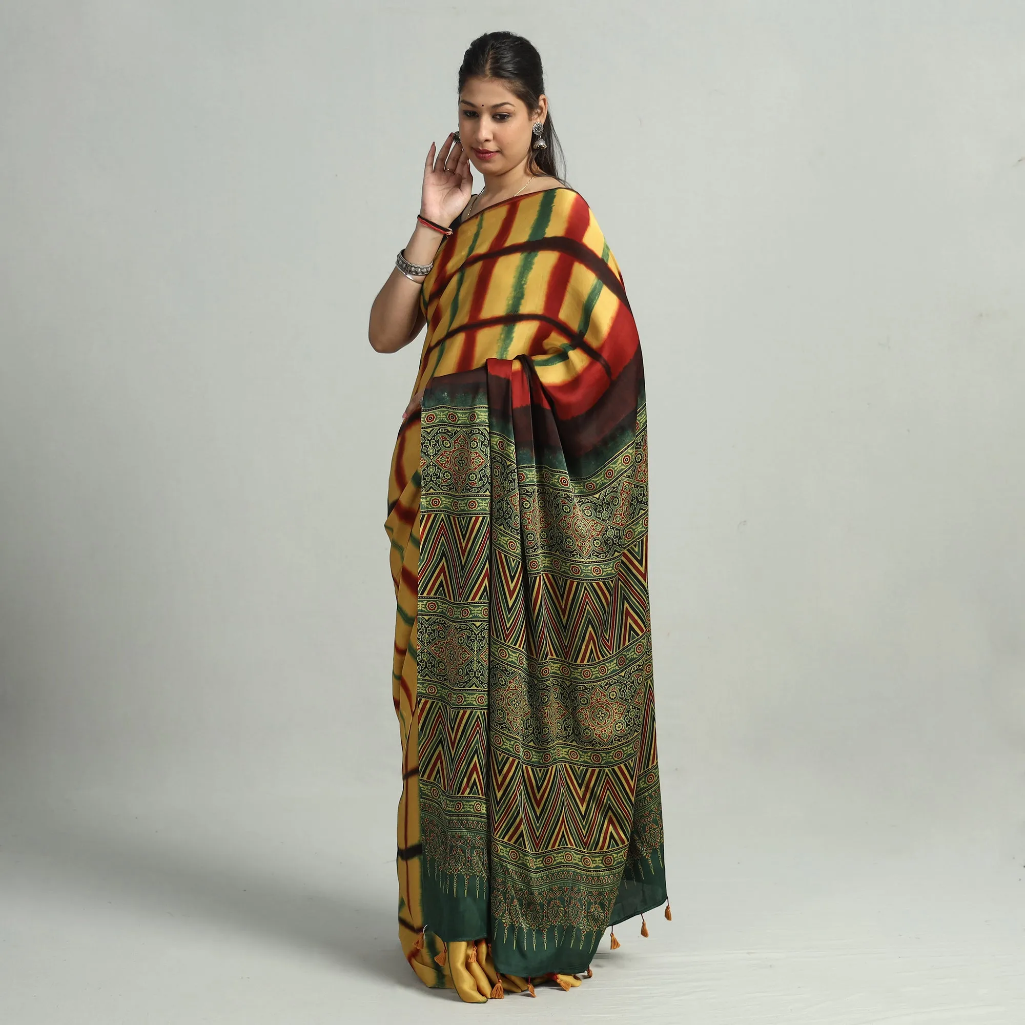 Yellow - Ajrakh Block Printed Clamp Dyed Modal Silk Saree with Tassels 20