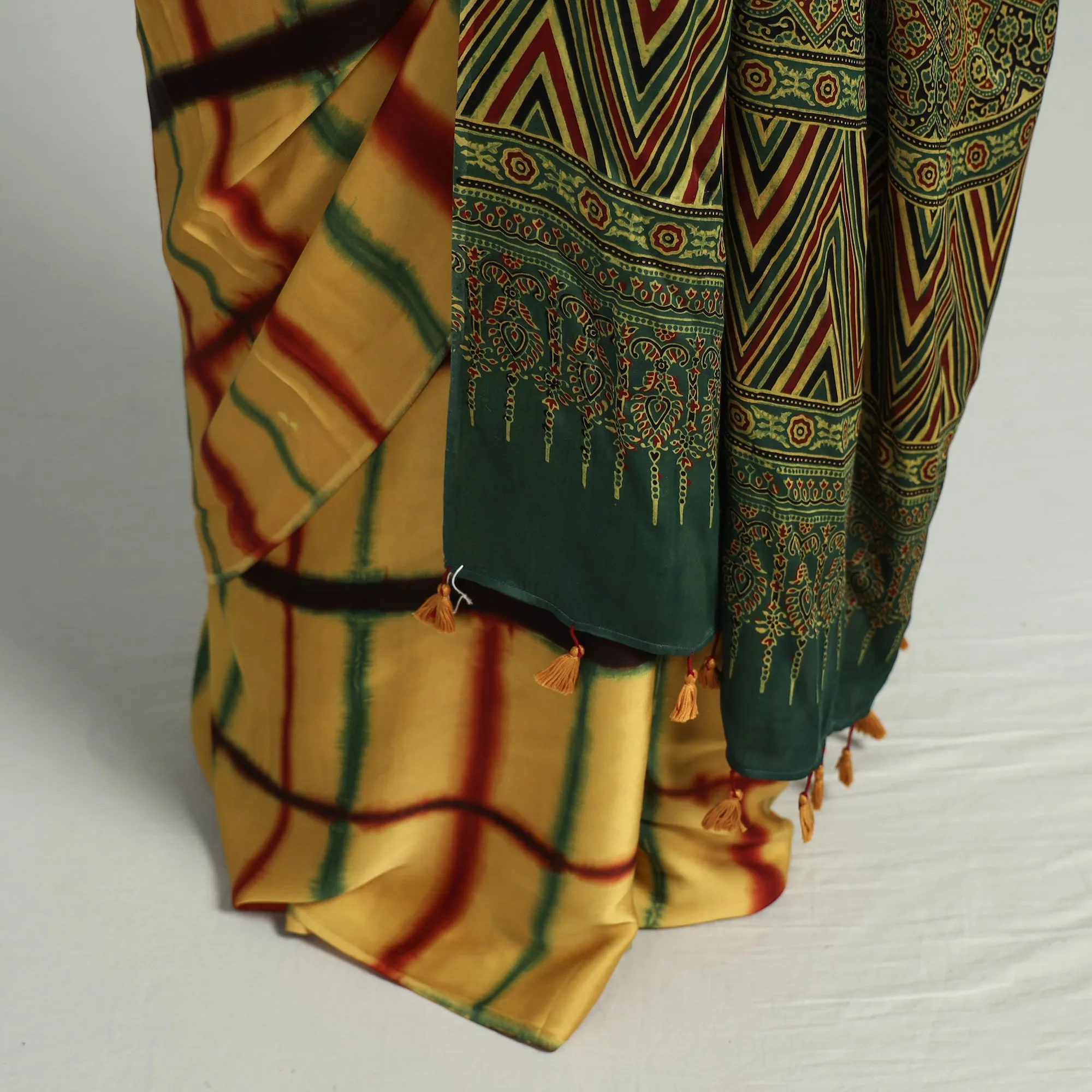 Yellow - Ajrakh Block Printed Clamp Dyed Modal Silk Saree with Tassels 20