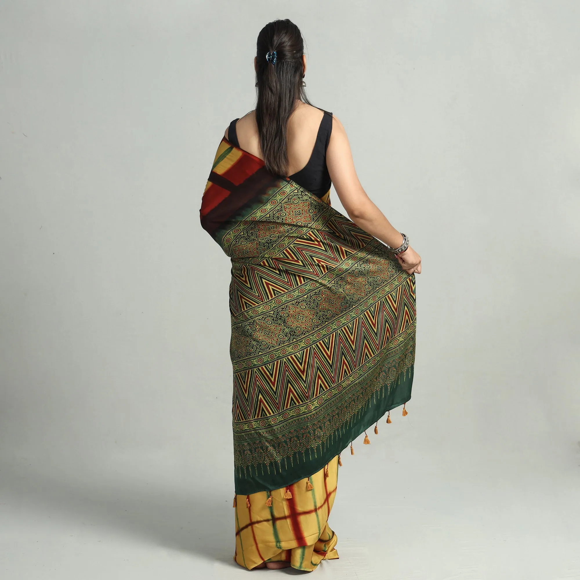 Yellow - Ajrakh Block Printed Clamp Dyed Modal Silk Saree with Tassels 20