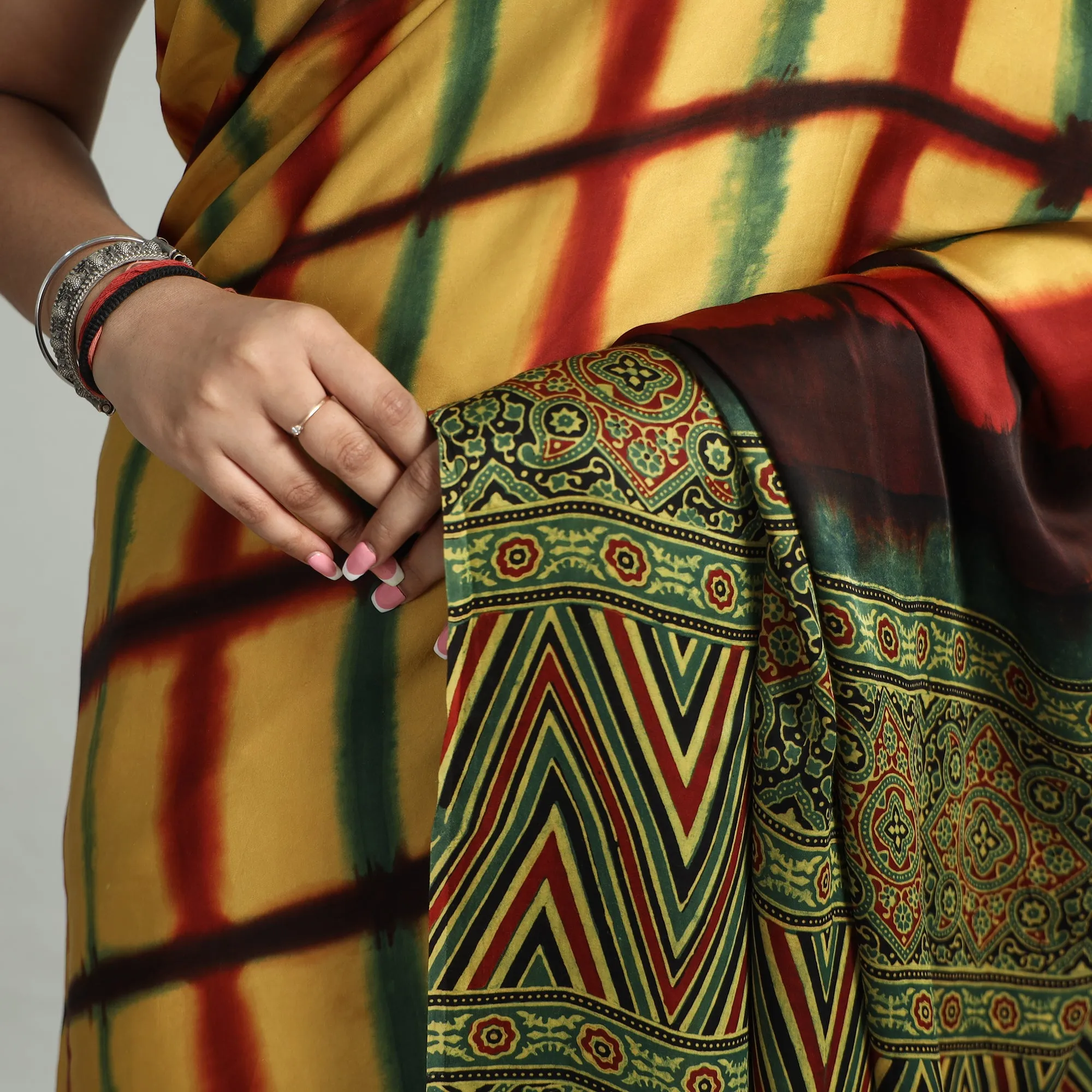 Yellow - Ajrakh Block Printed Clamp Dyed Modal Silk Saree with Tassels 20