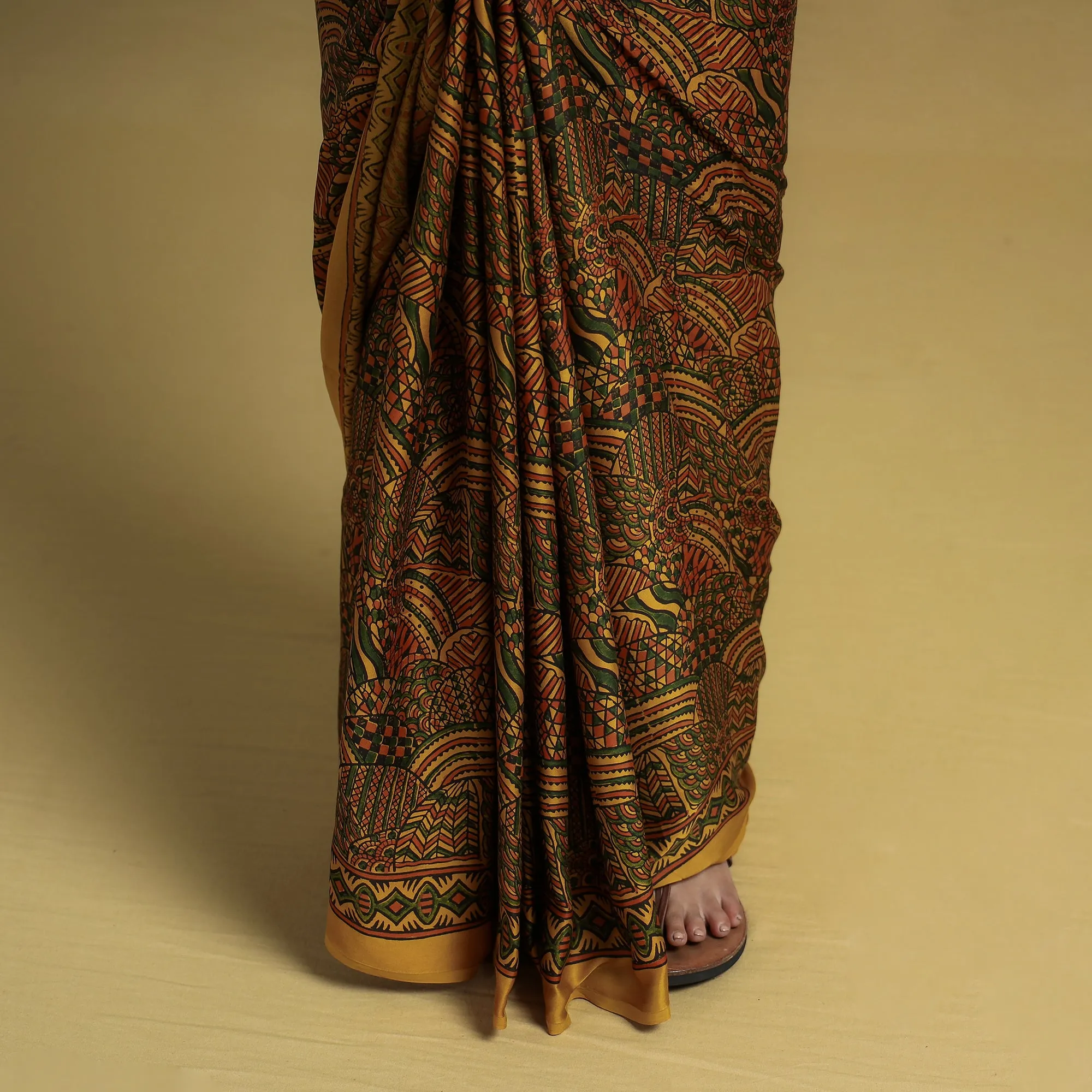 Yellow - Ajrakh Block Printed Modal Silk Saree with Tassels