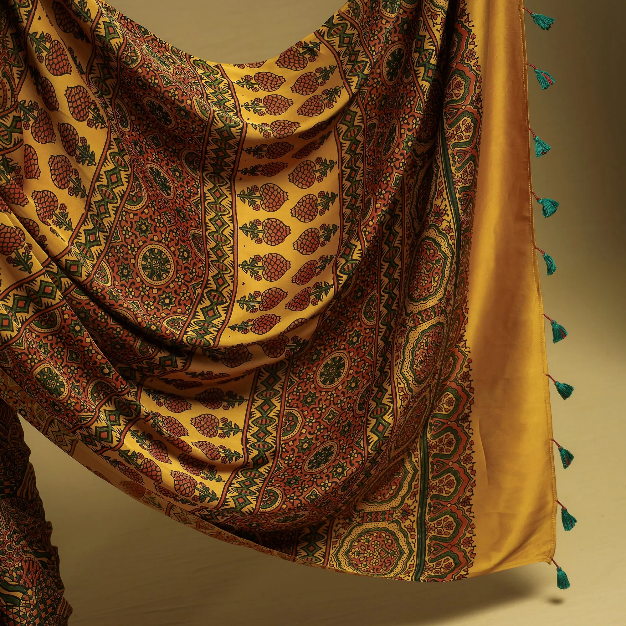 Yellow - Ajrakh Block Printed Modal Silk Saree with Tassels