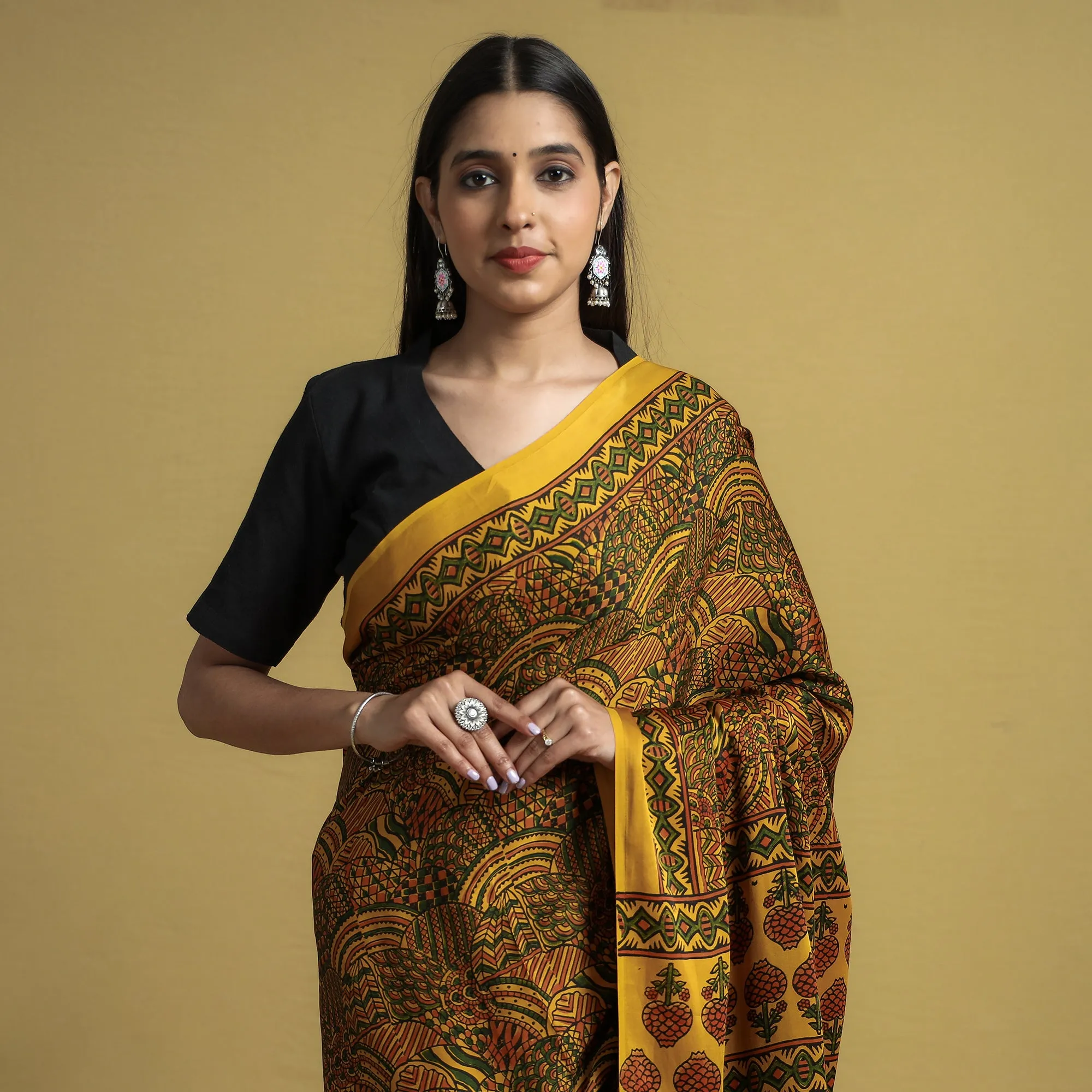 Yellow - Ajrakh Block Printed Modal Silk Saree with Tassels