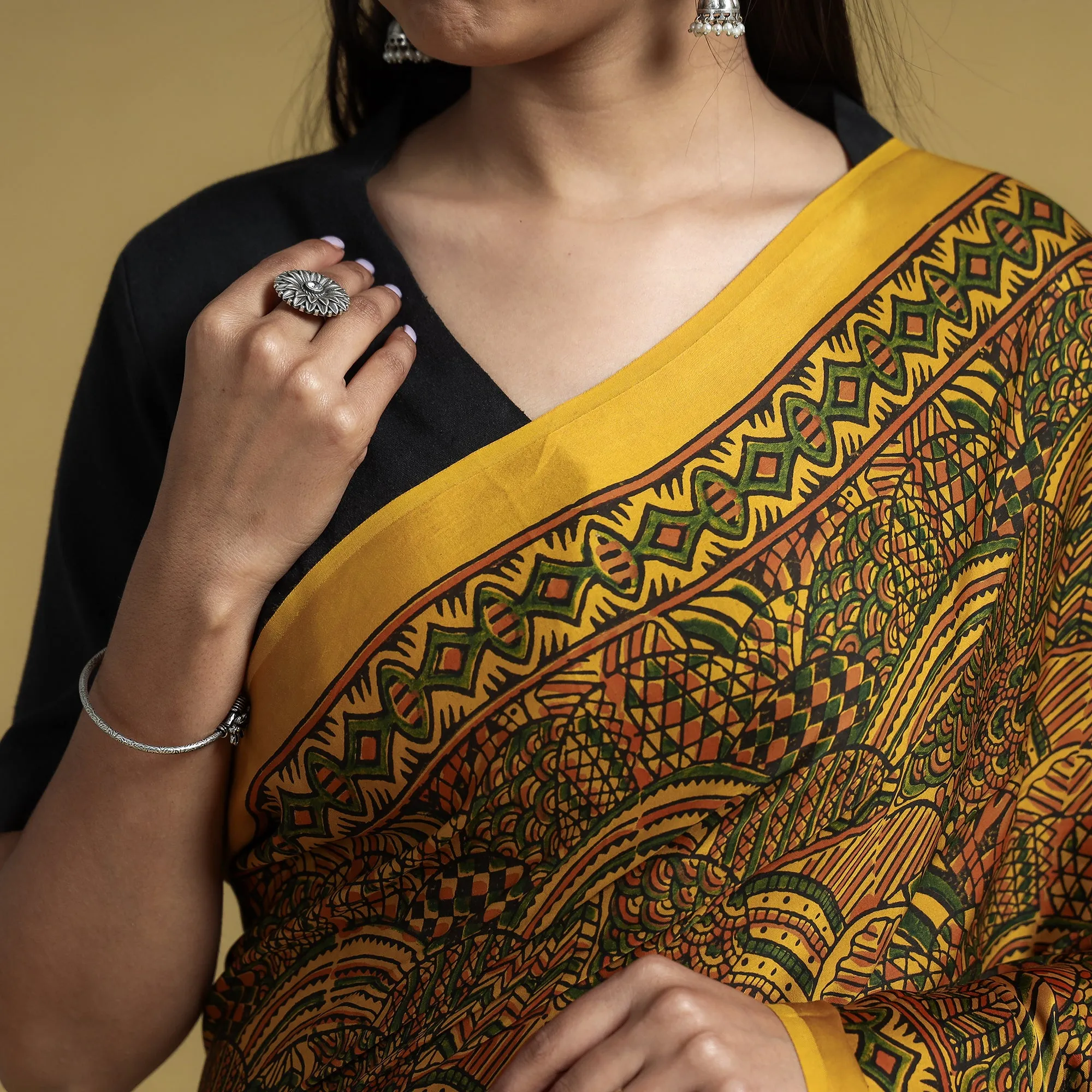 Yellow - Ajrakh Block Printed Modal Silk Saree with Tassels
