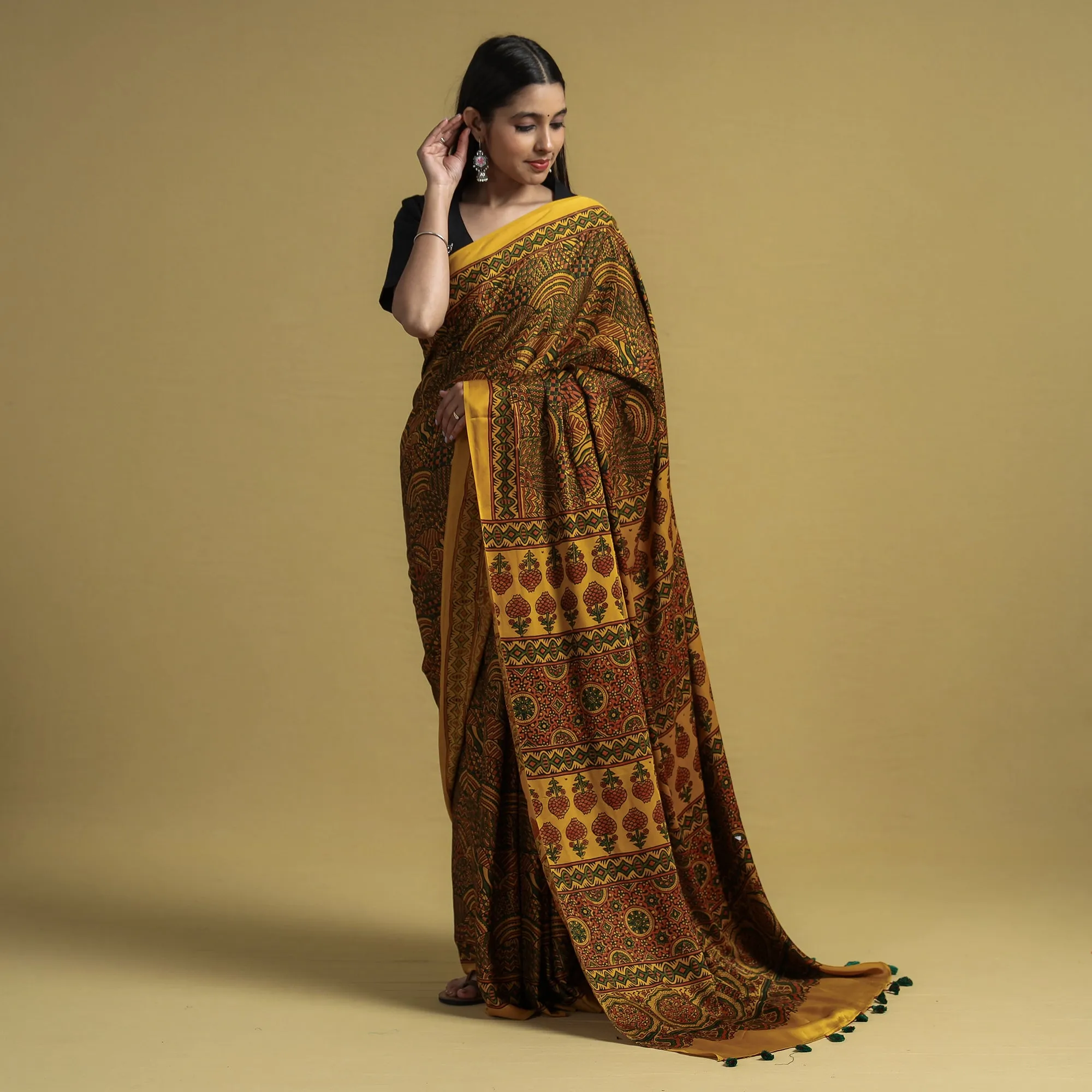 Yellow - Ajrakh Block Printed Modal Silk Saree with Tassels