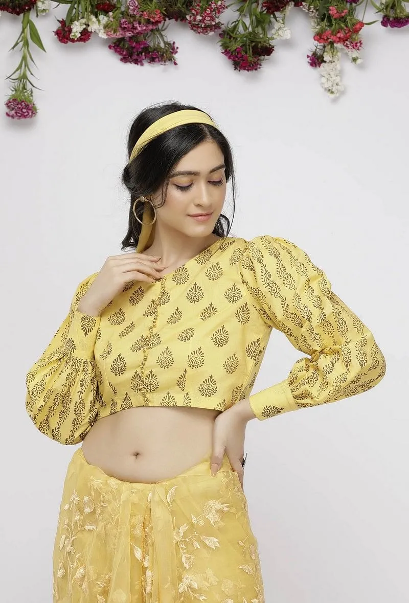 Yellow Cotton  Hand-Block Printed Blouse